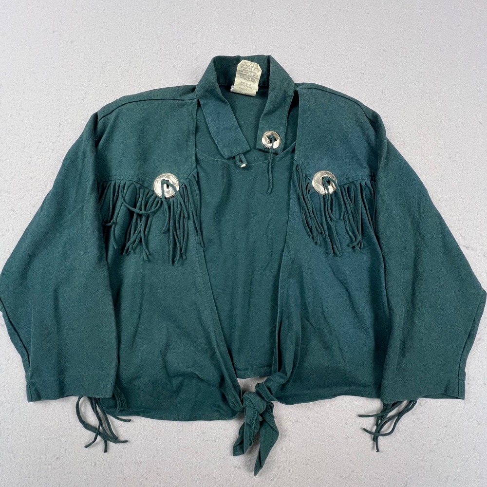 Backroad Blues Western Fringe Top Women Medium Green Concho Tie Front Cowgirl